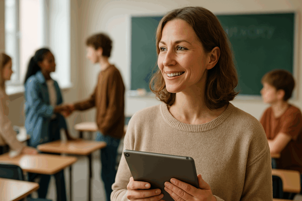 Una docente che sta gestendo un'attività di role playing