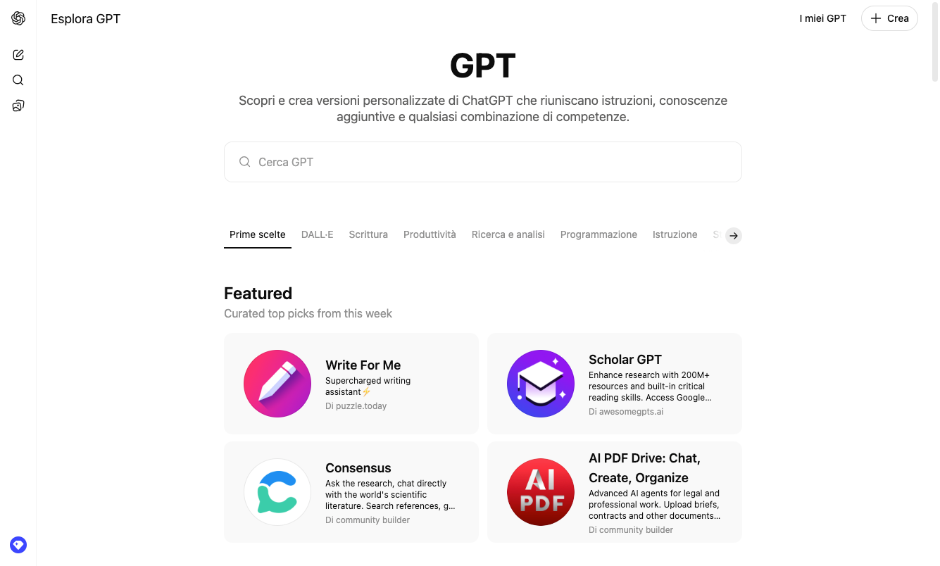 La pagina dei GPTs accessibile da ChatGPT