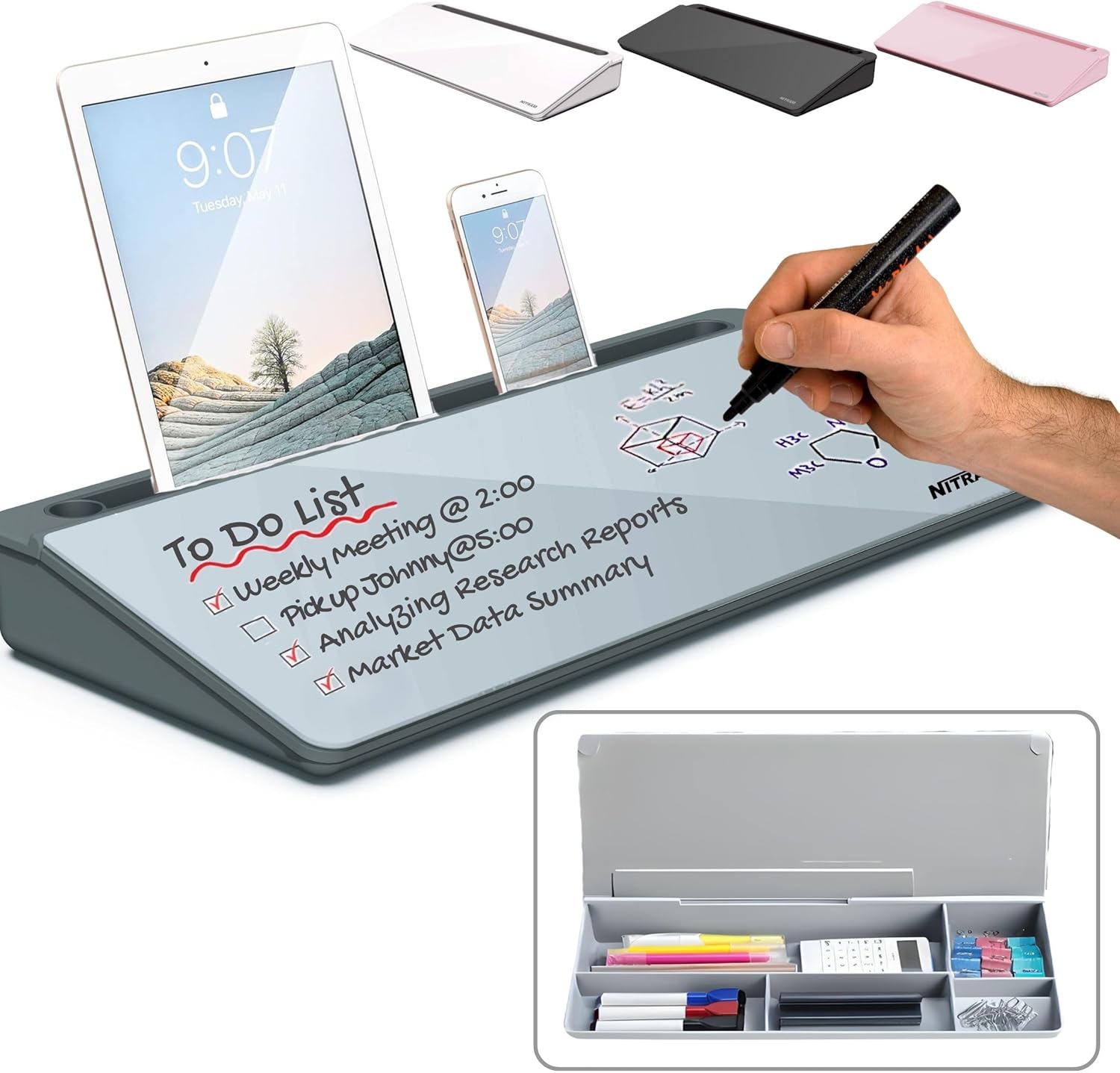 Lavagna da scrivania in vetro con cassetto