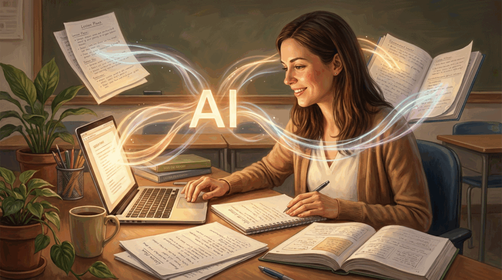 Una docente giovane, di circa 35 anni, sta lavorando alla propria scrivania. Sulla scrivania sono presenti diversi fogli e un laptop aperto davanti a lei. Dallo schermo illuminato del laptop escono fasce luminose e la scritta "AI".